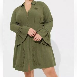 Outlander Torrid Dragonfly Mini Bell Sleeve Collared Green Shirt Dress